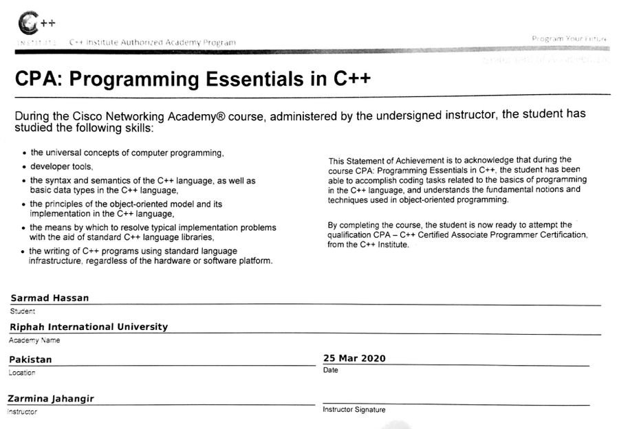 Programming Essentials in C++ certificate