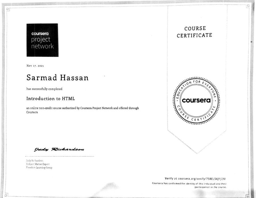 Introduction to HTML certificate