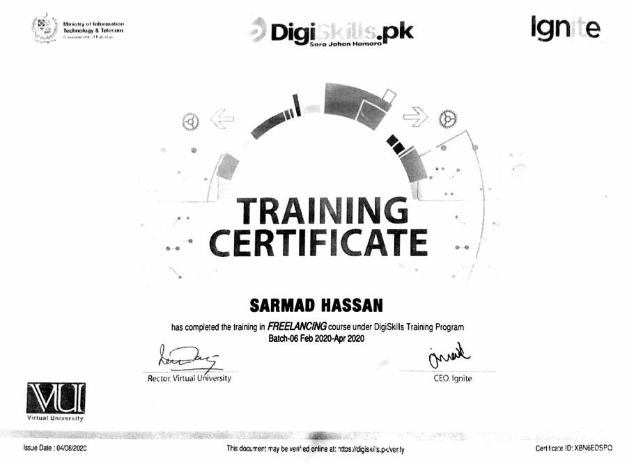 Freelancing Training Program certificate